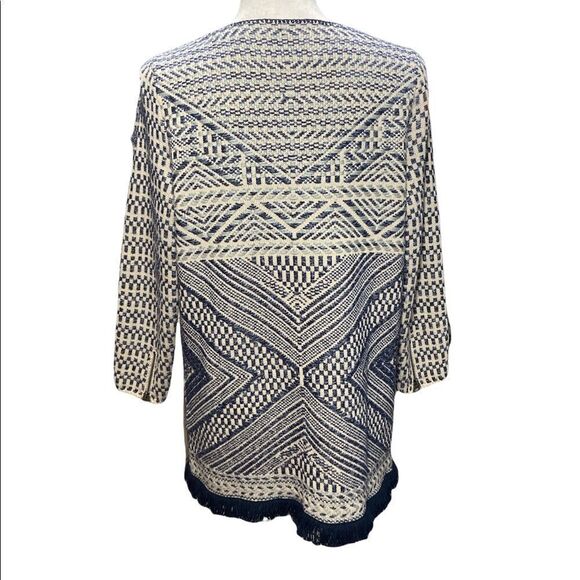 Lucky Brand Open Front Blue Cardigan Sweater Fringe Trim Geometric Size Medium - Picture 3 of 8
